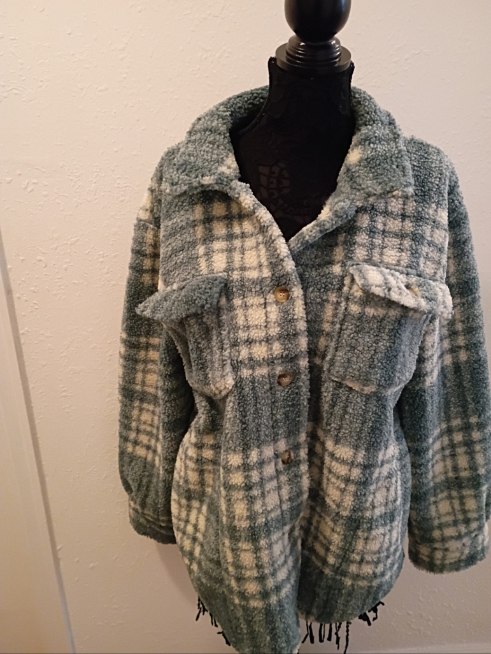 Plaid Sherpa Jacket - Green and Cream
